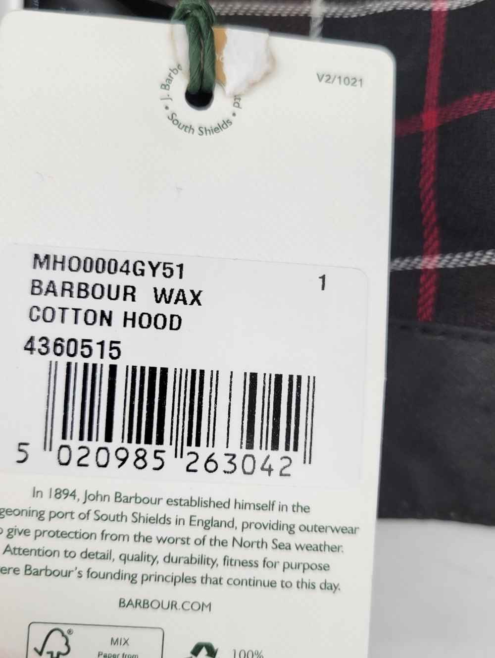Barbour WAX COTTON HOOD Men's Hooded Jacket Liner - Gray Plaid Interior - Picture 5 of 8
